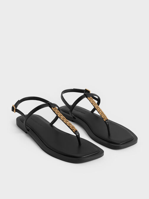 Chain-Link Thong Sandals, Black, hi-res