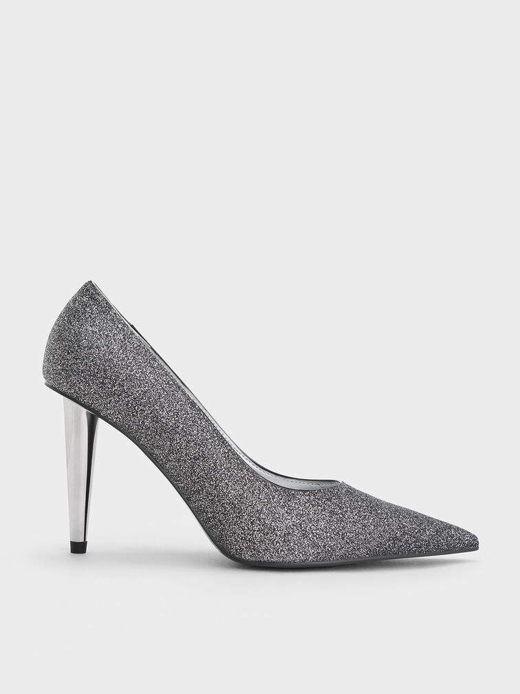 Tacones con tacón de cono y purpurina, Negro texturizado, hi-res