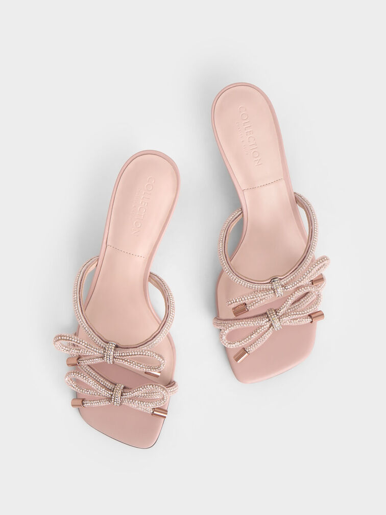 Gem-Embellished Bow-Tie Mules, Nude, hi-res