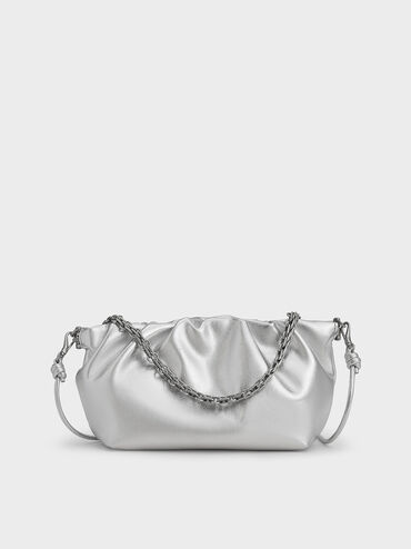 Bolso de mano fruncido metalizado Brigette con asa de cadena, Plateado, hi-res