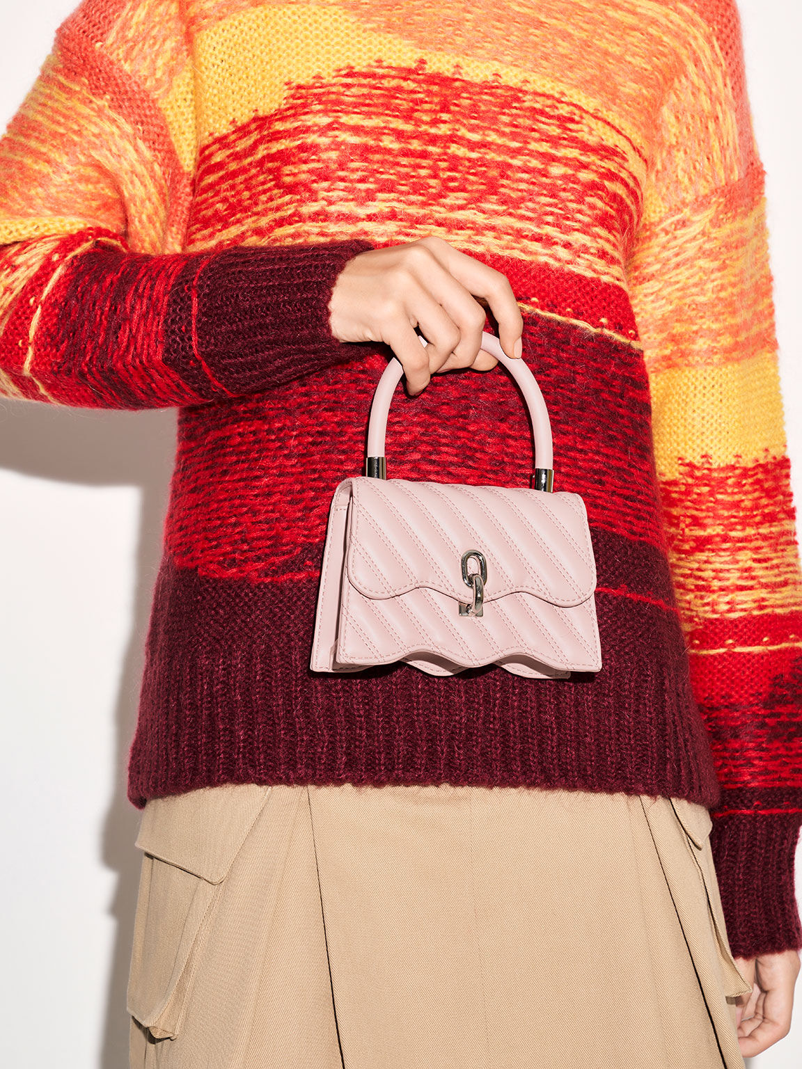 Freja Wavy Quilted Top Handle Bag, Light Pink, hi-res