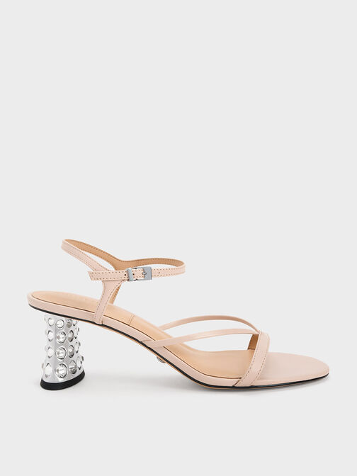 Embellished Heel Leather Sandals, Nude, hi-res