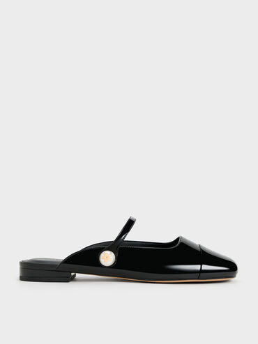 Aeryn Patent Pearl Embellished Flat Mules, Black Patent, hi-res