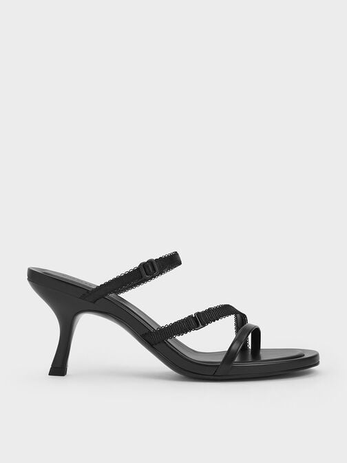 Strappy-Lace Thong Sandals, Black Textured, hi-res