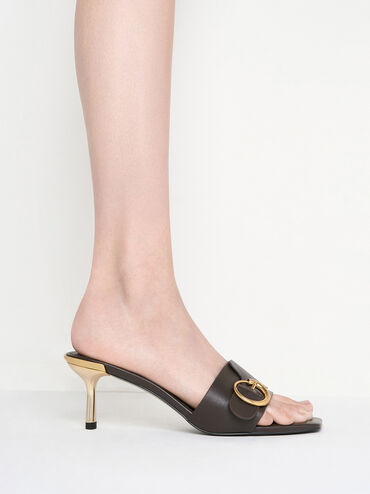 Metallic-Accent Buckled Square-Toe Mules, Dark Brown, hi-res
