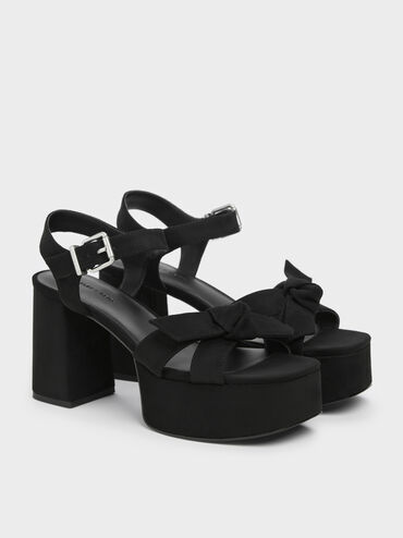Anika Faux Suede Knot-Bow Platform Sandals, Black Textured, hi-res