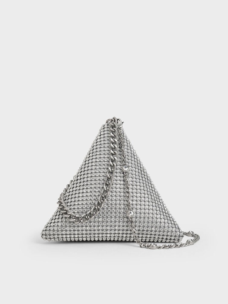 Crystal-Embellished Chain-Handle Triangle Clutch, Silver, hi-res