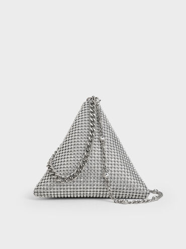 Crystal-Embellished Chain-Handle Triangle Clutch, Silver, hi-res