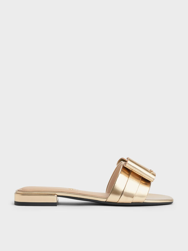 Lu Metallic Leather Bow Slide Sandals, Gold, hi-res