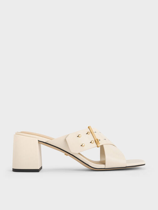 Leather Crossover Block Heel Mules, White, hi-res