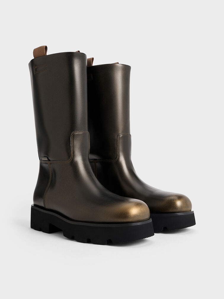 Botas de Cano Alto com Presilhas Duplas, Bronze, hi-res