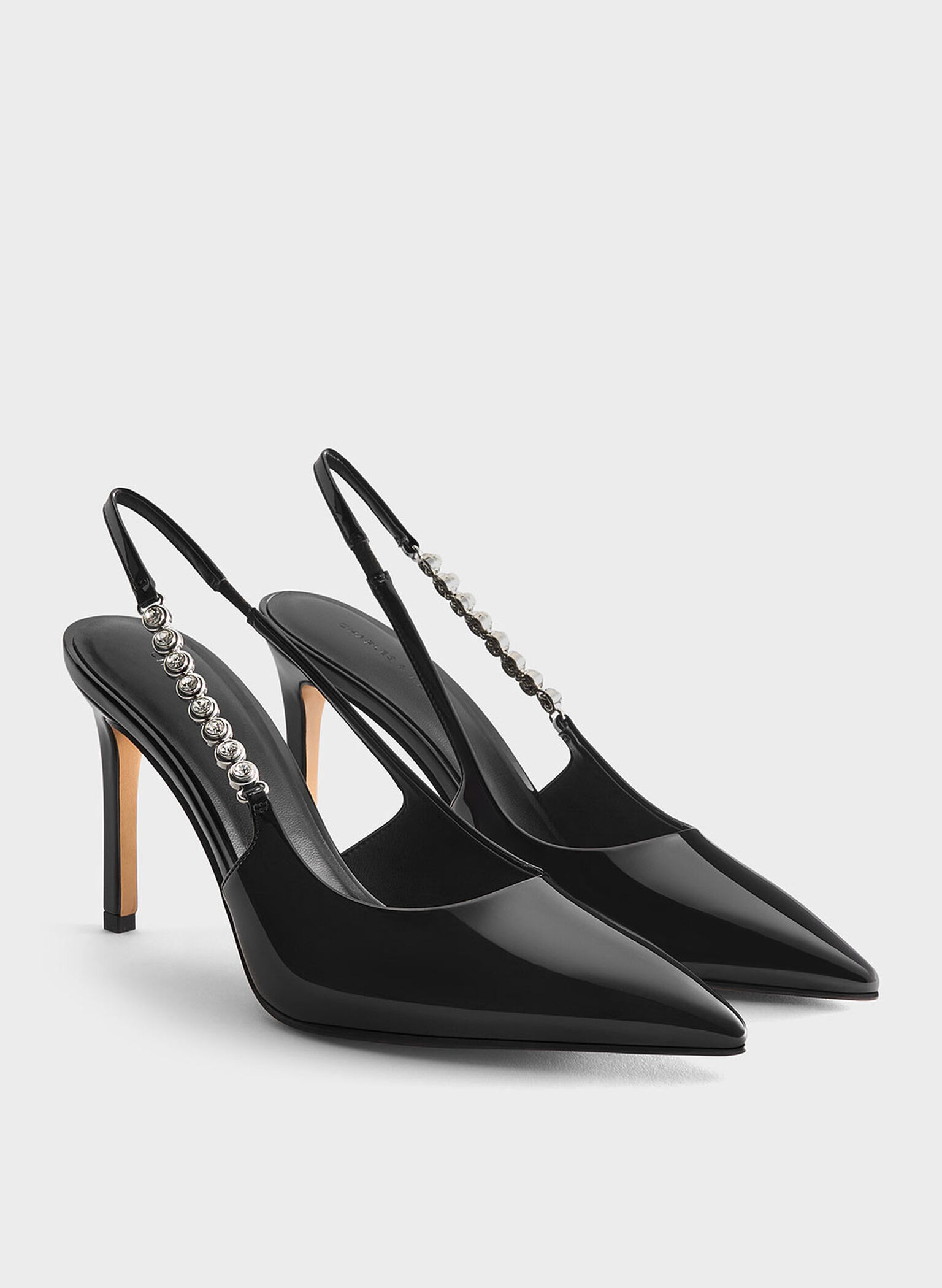 Flores Patent Gem-Strap Slingback Pumps, Black Patent, hi-res