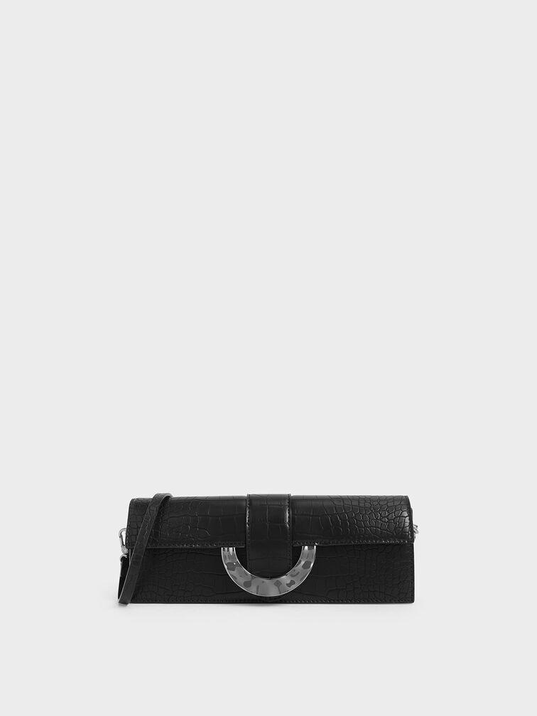 Croc-Effect Long Clutch, Black, hi-res