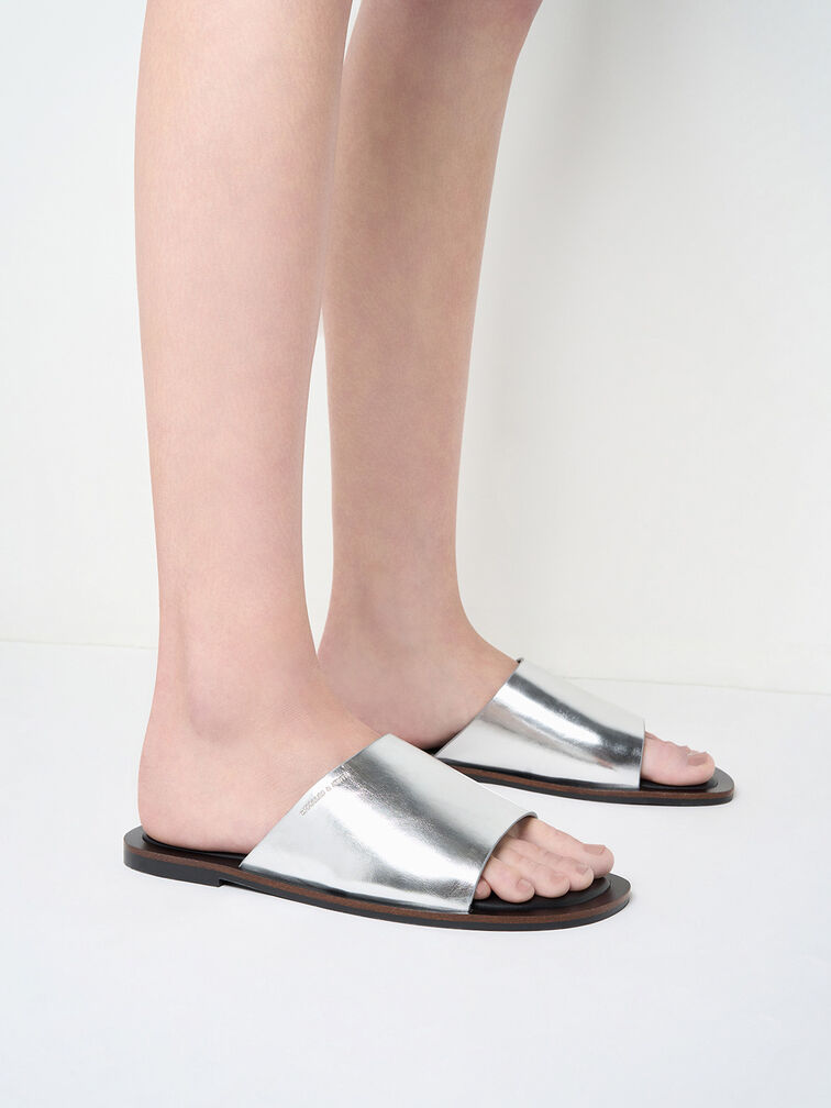Metallic Wide-Strap Slide Sandals, Silver, hi-res