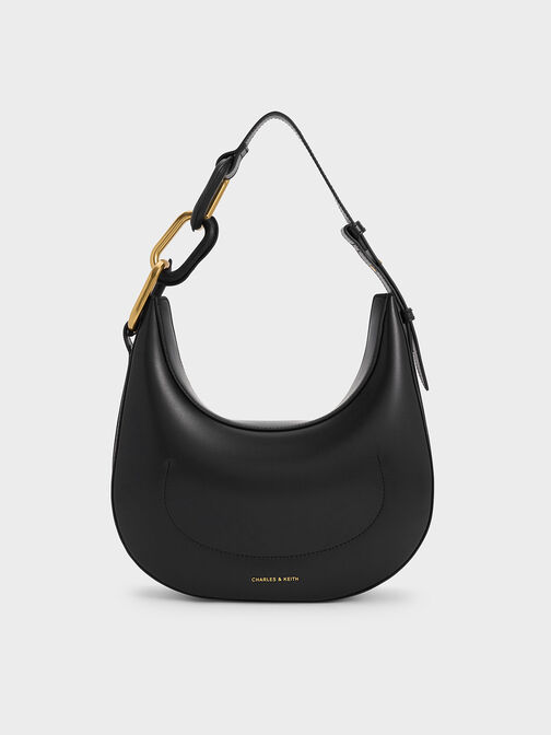 Bolso Kora tipo luna con detalles metálicos, Negro, hi-res