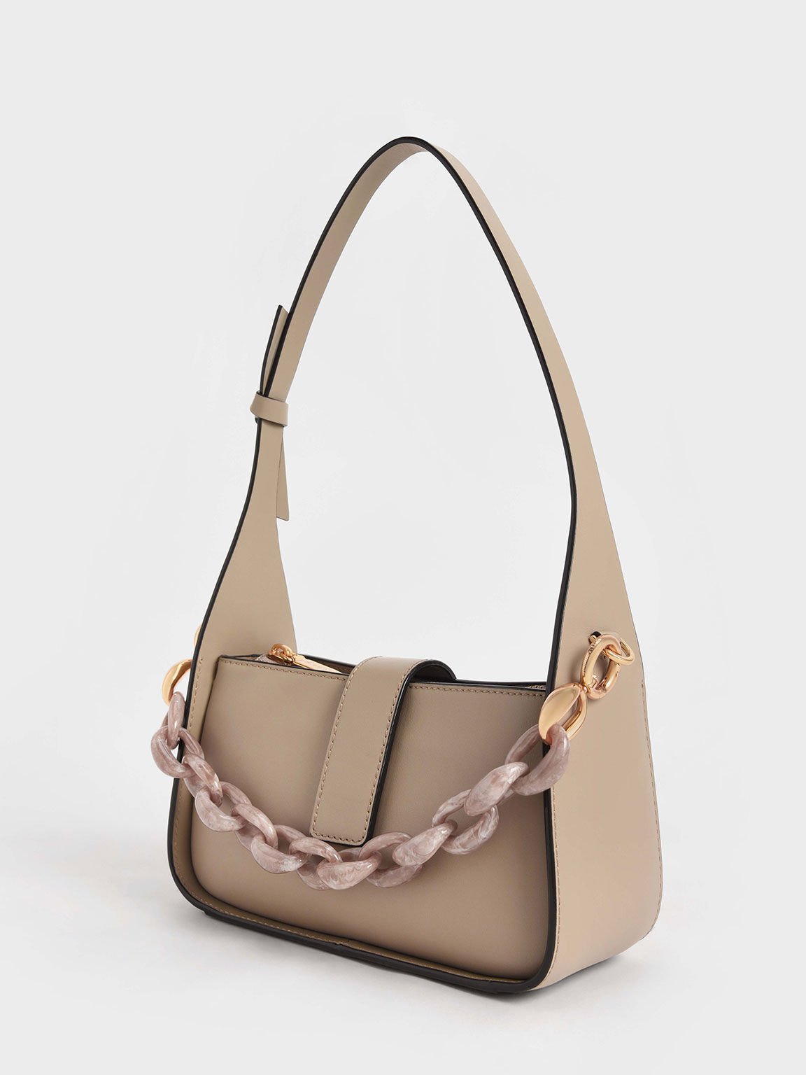 Leather Chain-Link Bag, Taupe, hi-res