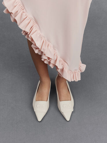 Leather Pointed-Toe Flats, White, hi-res