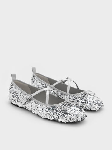Sequinned Crossover Mary Jane Flats, Argent, hi-res