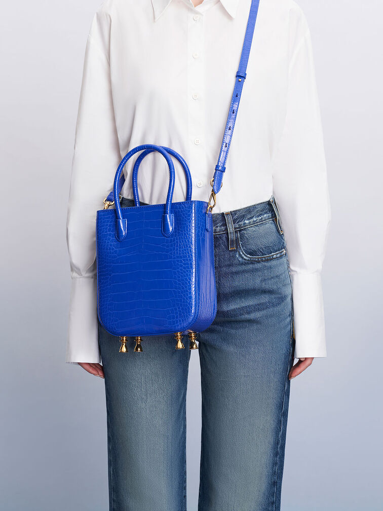 Meriah Croc-Embossed Tote Bag, Cerulean, hi-res