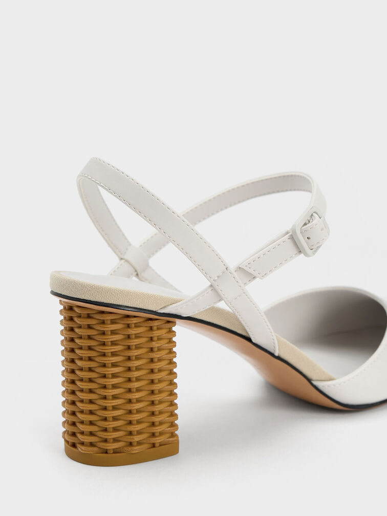 Rattan Block Heel Pumps, White, hi-res