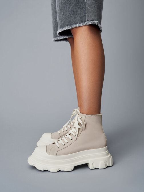 Canvas Chunky High-Top Sneakers, Sand, hi-res