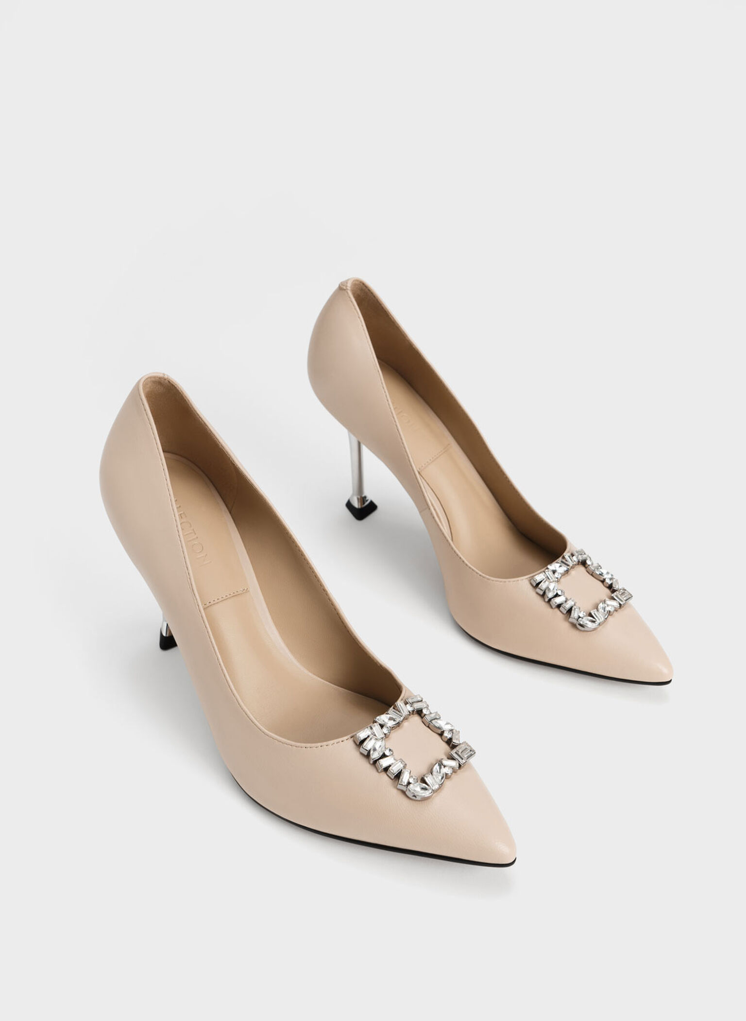 Leather Gem-Embellished Pumps, Nude, hi-res