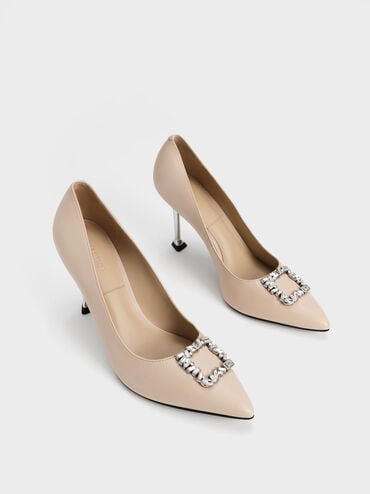 Leather Gem-Embellished Pumps, Nude, hi-res