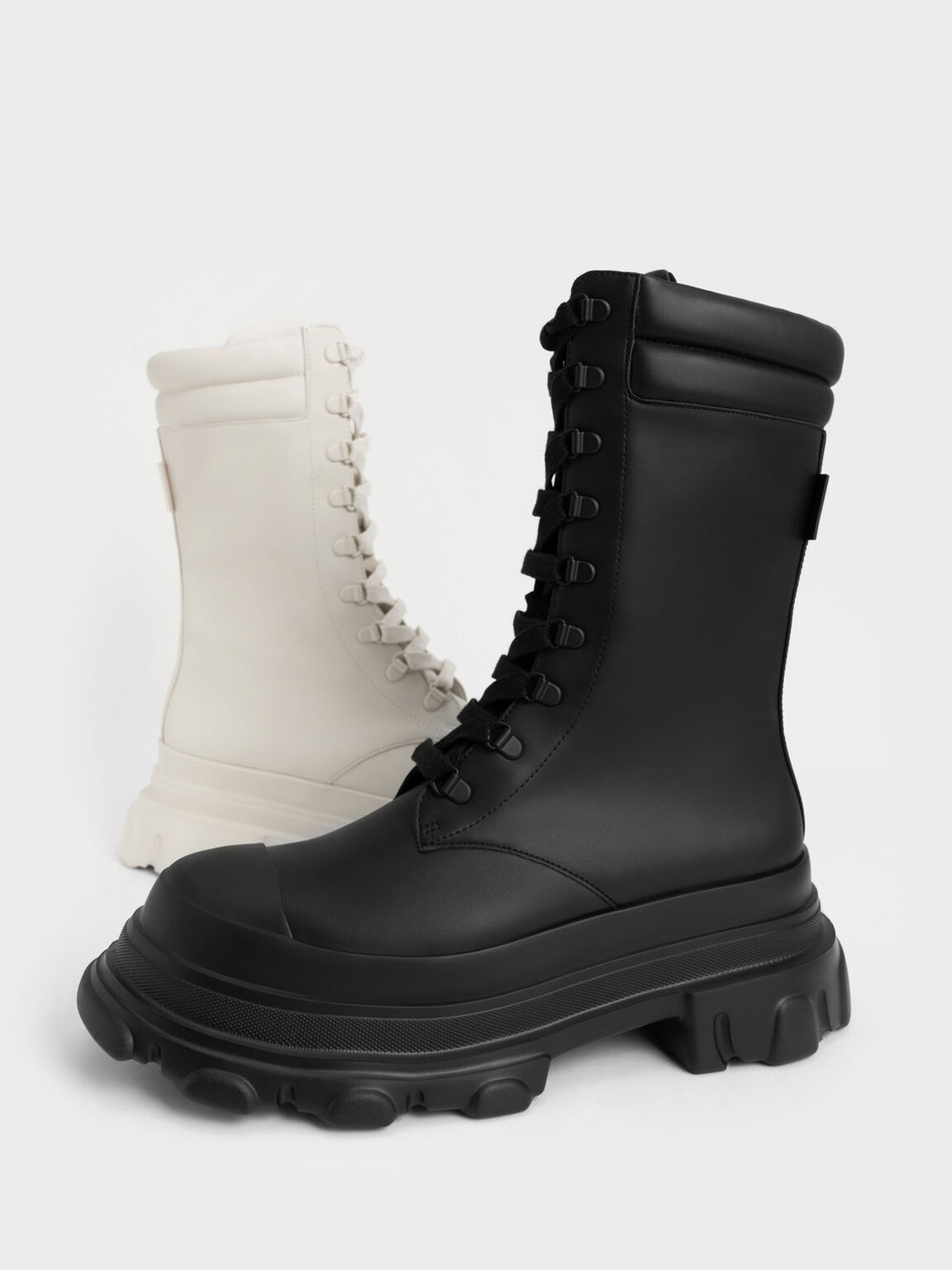 Chunky Sole Padded Combat Boots, Chalk, hi-res