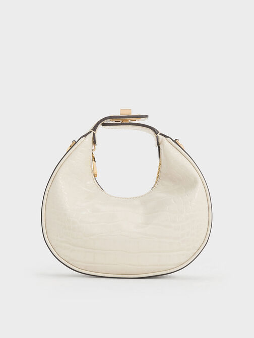 Mini Croc-Effect Moon Bag, Ivory, hi-res