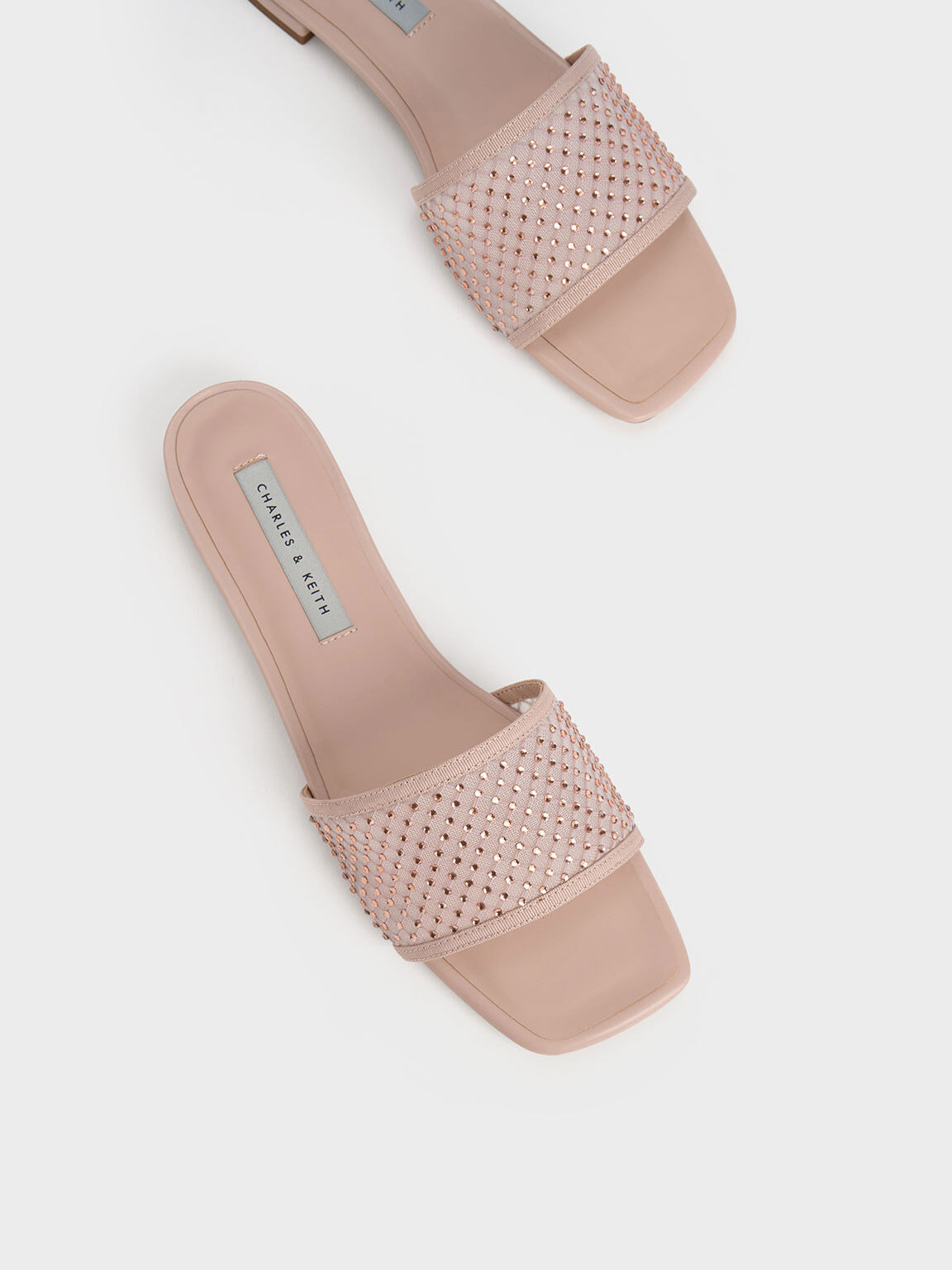 Gem-Encrusted Mesh Slide Sandals, Nude, hi-res