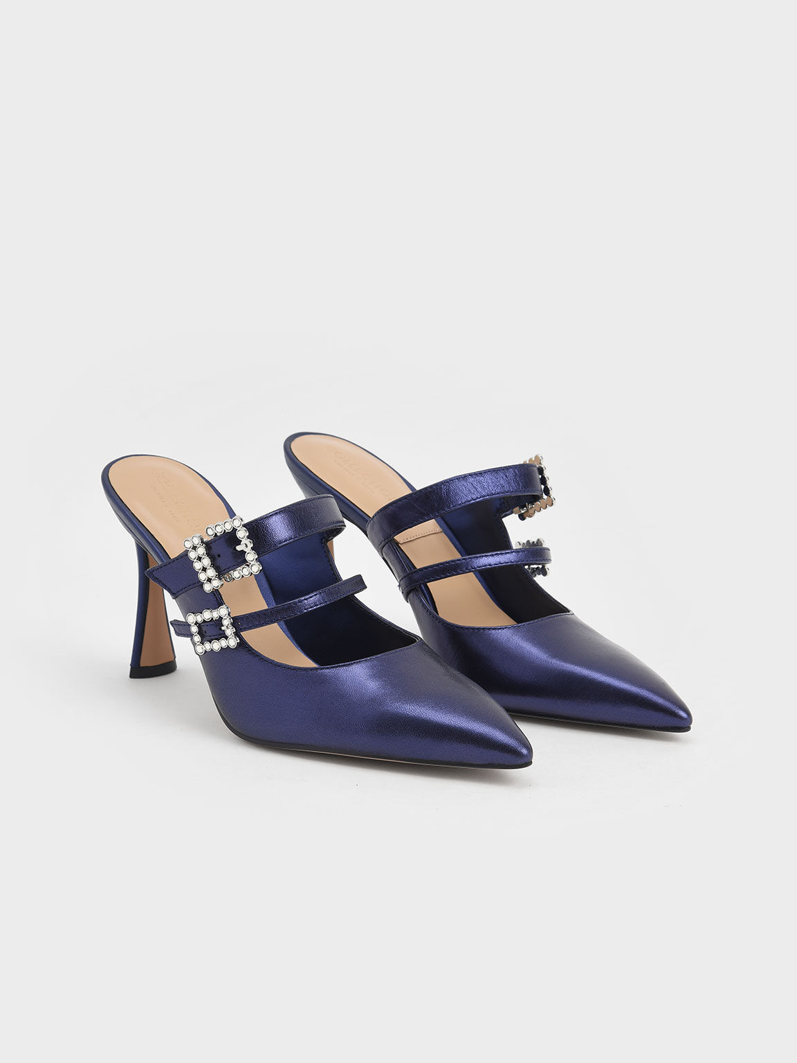 真皮寶石方釦穆勒鞋, 藍色, hi-res