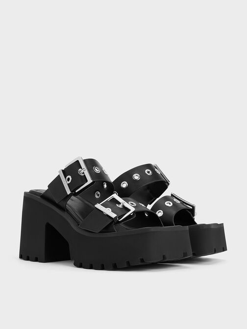 Mules Trill de plataforma con doble correa con ojales, Negro, hi-res