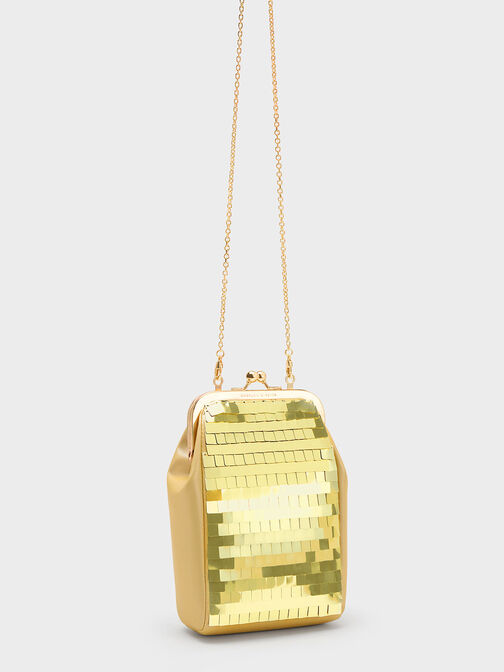 Disc-Embellished Chain Handle Pouch, Gold, hi-res