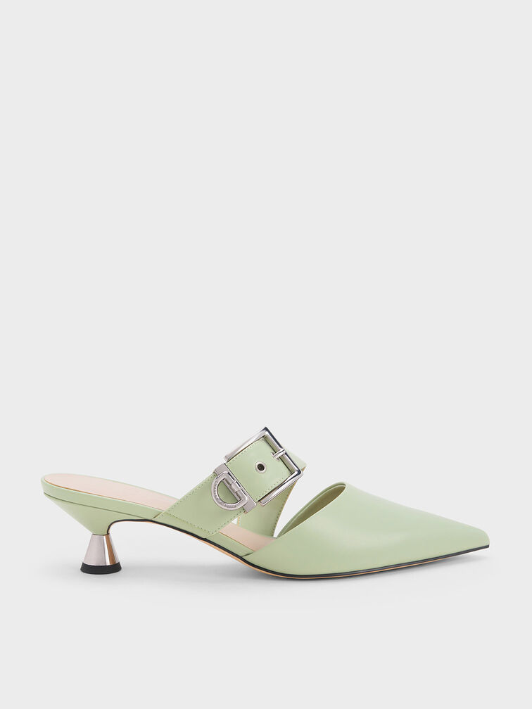 Asymmetric Buckle Heeled Mules, Sage Green, hi-res