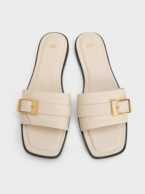 Leather Buckled Square-Toe Slide Sandals, Chalk, hi-res