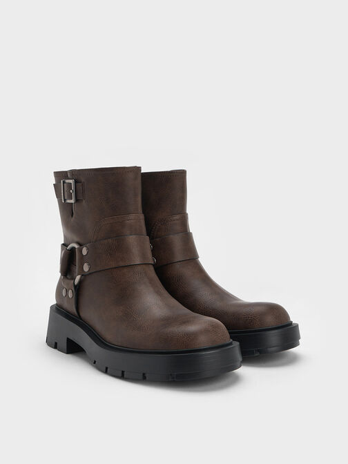 Metallic Buckled Ankle Boots, Dark Brown, hi-res