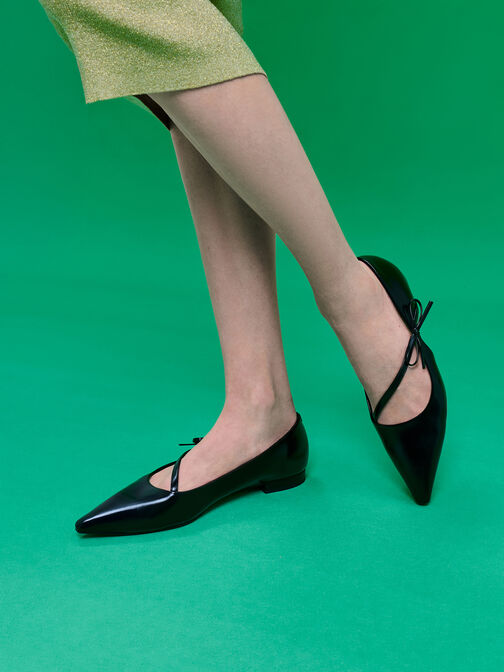 Pointed-Toe Bow-Strap Flats, Black, hi-res