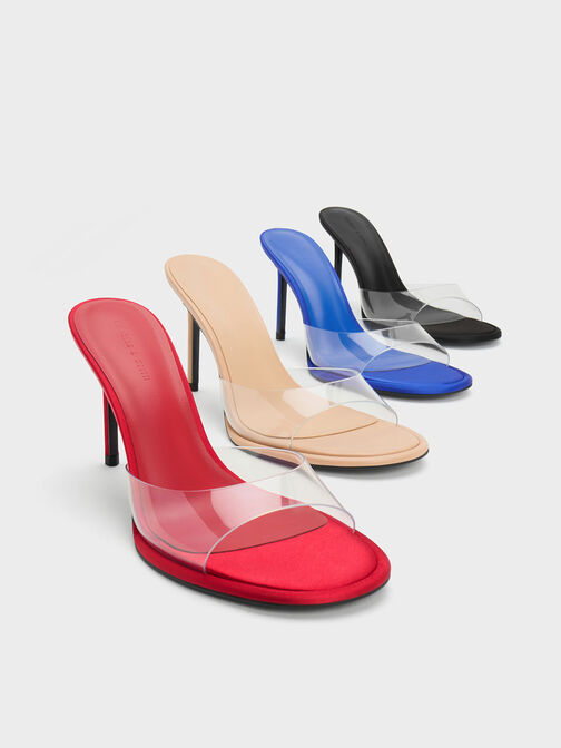 See-Through Cylindrical Heel Mules, Blue, hi-res