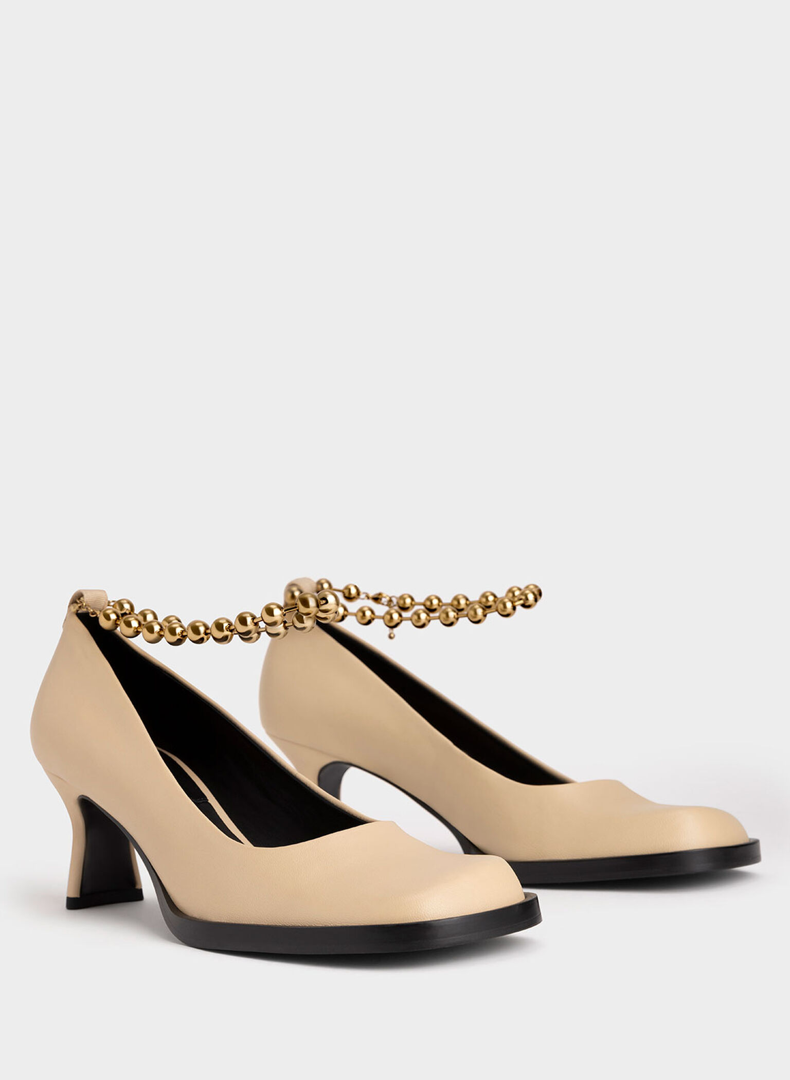 Embellished Ankle Strap Leather Pumps, Sand, hi-res