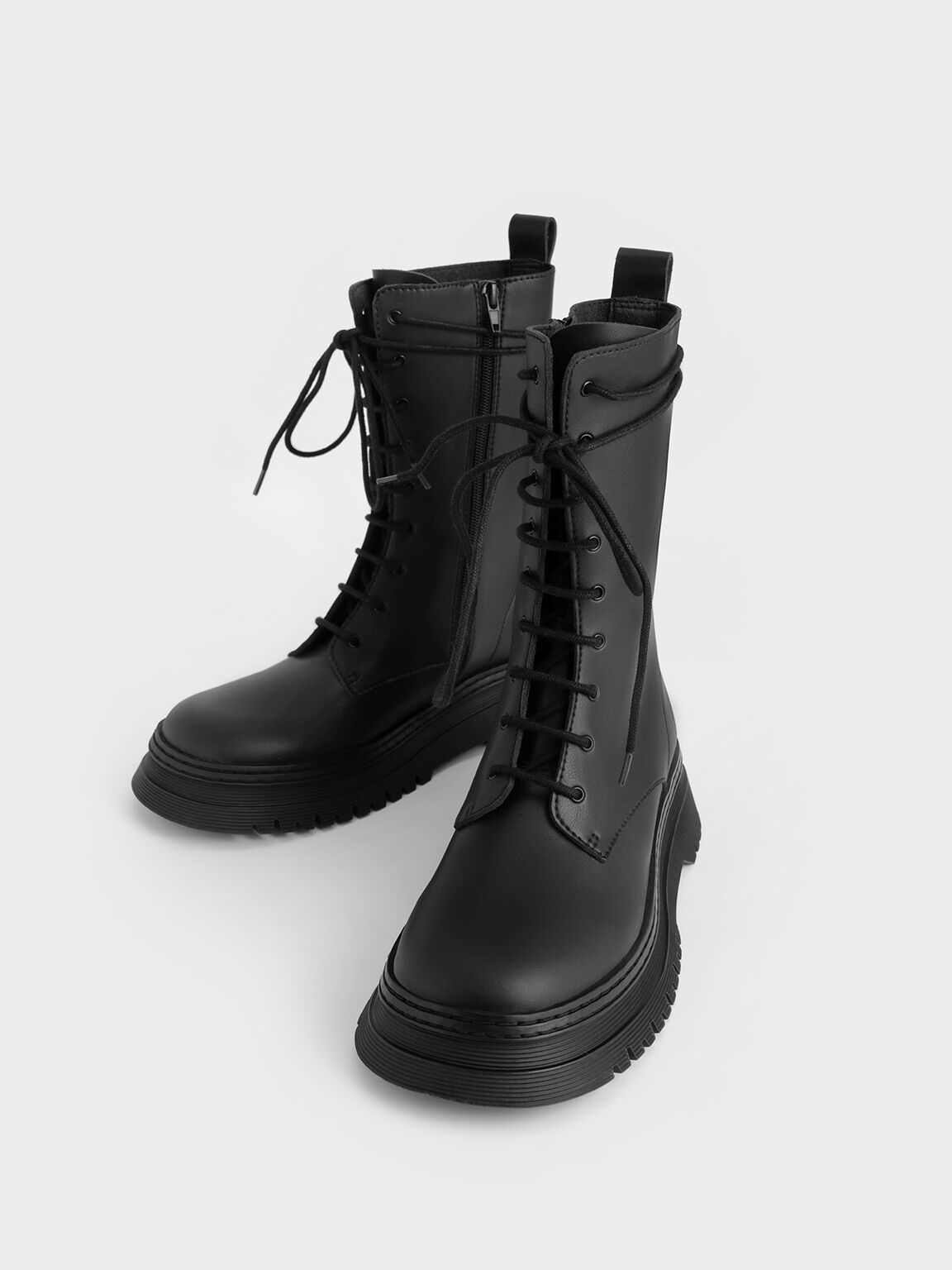 Chunky Platform Lace-Up Boots, Black, hi-res