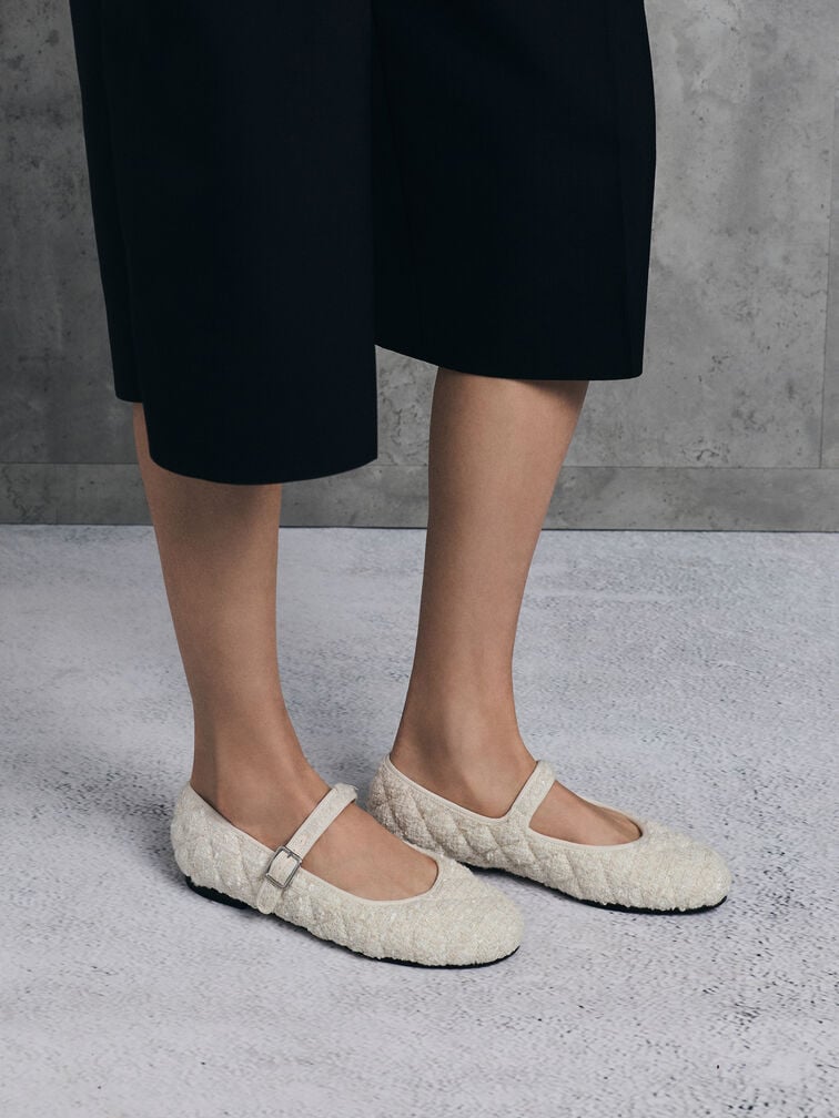 Carmel Tweed Quilted Buckled Mary Jane Flats, White, hi-res