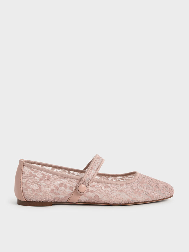 Lace & Mesh Mary Jane Ballerina Flats, Pink, hi-res
