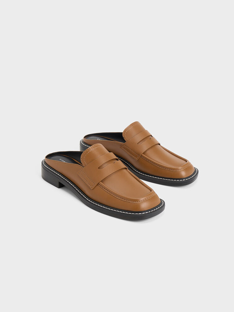 Stitch-Trim Penny Mules, Cognac, hi-res