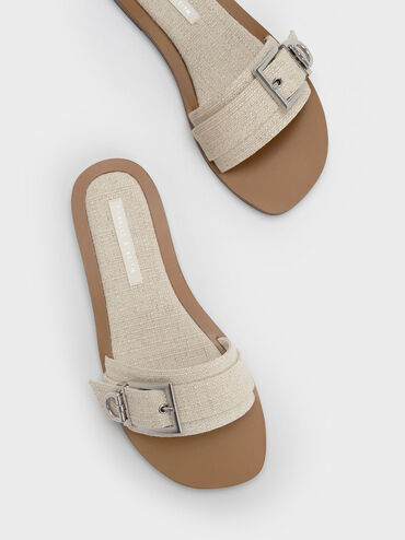 Linen Metallic Buckle Slides, Beige, hi-res