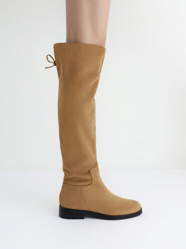 Faux Suede Fold-Over Back-Tie Thigh-High Boots, Camel, hi-res