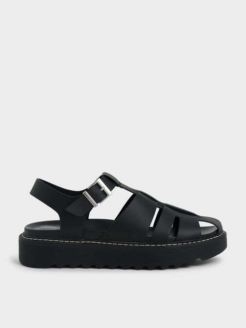 Buckled Caged Sandals, Black, hi-res