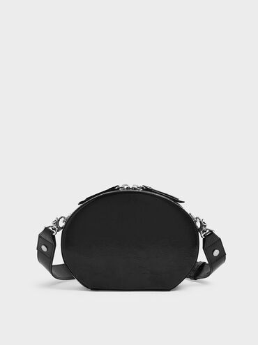 Wrinkled Patent Oval Crossbody Bag, Black, hi-res