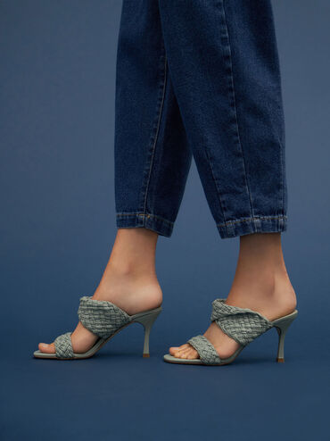 Double Strap Woven Heeled Mules, Sage Green, hi-res