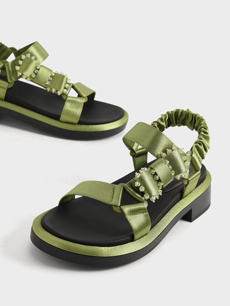 Miko Gem-Embellished Satin Sandals, Green, hi-res