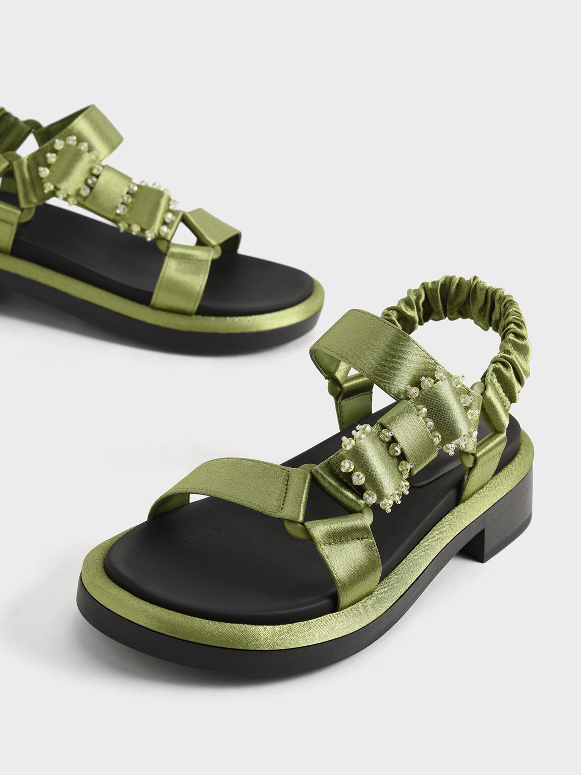 Green Miko Gem-Embellished Satin Sandals - CHARLES & KEITH US